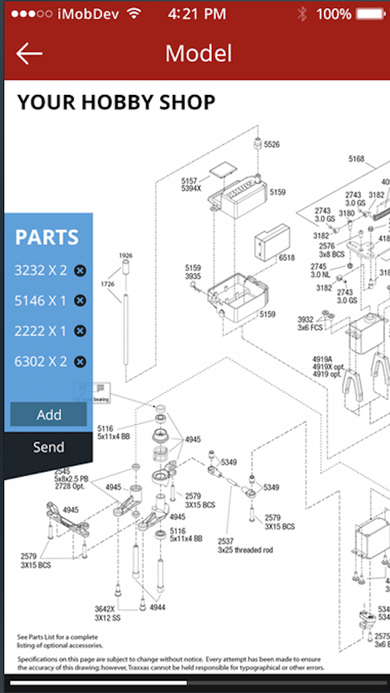 Model diagram screen with an exploded-view schematic and a docked Parts list showing selected item quantities, Add and Send buttons.