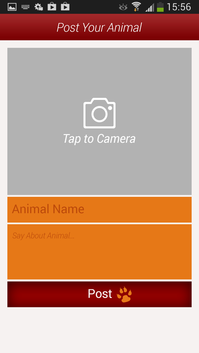 Post Your Animal screen with a camera capture area, Animal Name field, description field, and Post button.