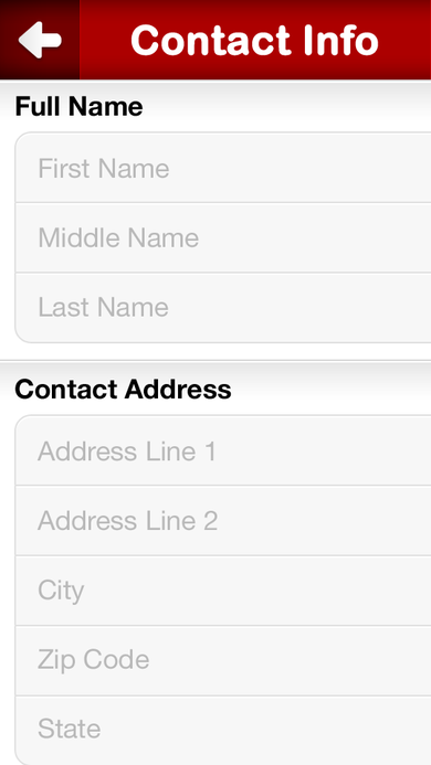 Contact Info form with Full Name and Contact Address fields including city, zip code, and state.