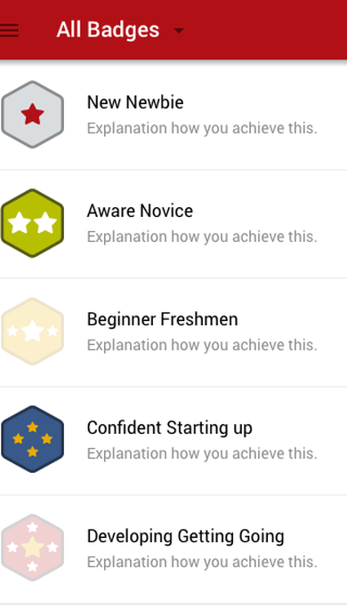 All Badges screen listing hexagon-shaped achievement badges from New Newbie through Confident Starting Up.
