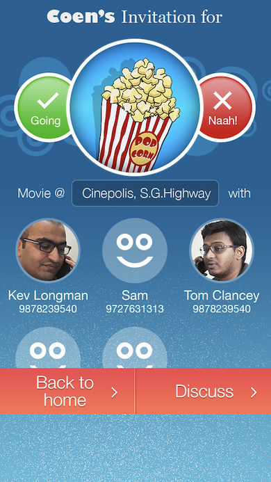 Invitation screen with Going and Naah RSVP buttons, event details, and attendee photos.