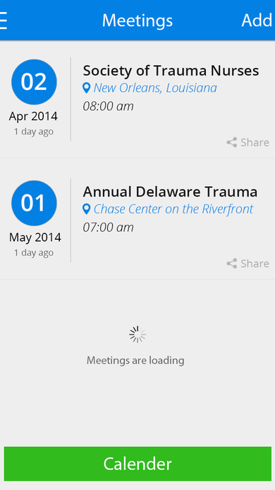Meetings list showing upcoming nursing conferences with dates, locations, and share buttons.