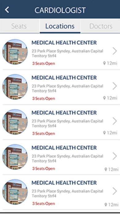 Cardiologist Locations tab listing Medical Health Center branches with open seat counts and distance.