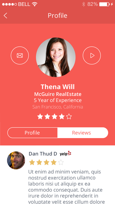 Agent profile screen for Thena Will of McGuire RealEstate with star rating, experience, and an imported Yelp review.