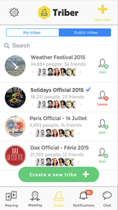 My tribes screen with a toggle between My tribes and Public tribes, listing festival communities with member and friend counts.
