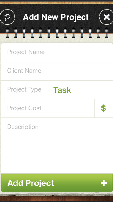 Add New Project form with fields for project name, client name, project type, cost, and description.