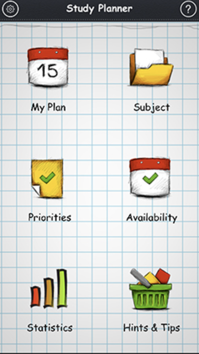 Study Planner home screen with a six-icon grid for My Plan, Subject, Priorities, Availability, Statistics, and Hints & Tips.