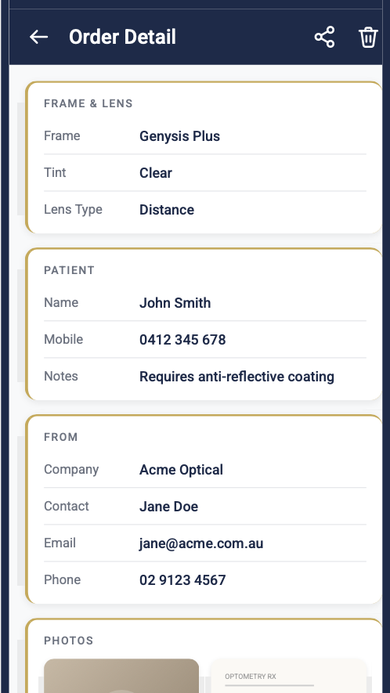 Order Detail screen showing frame and lens info, patient details, referring company contact, and uploaded photos.