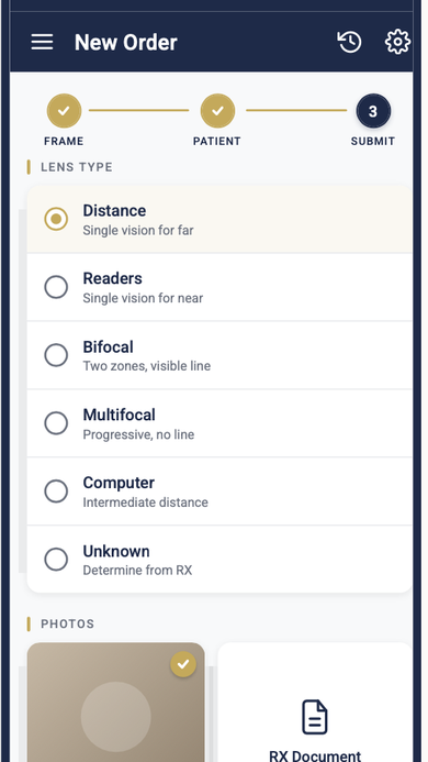 New Order Submit step showing lens type options and patient photo and RX document upload cards.