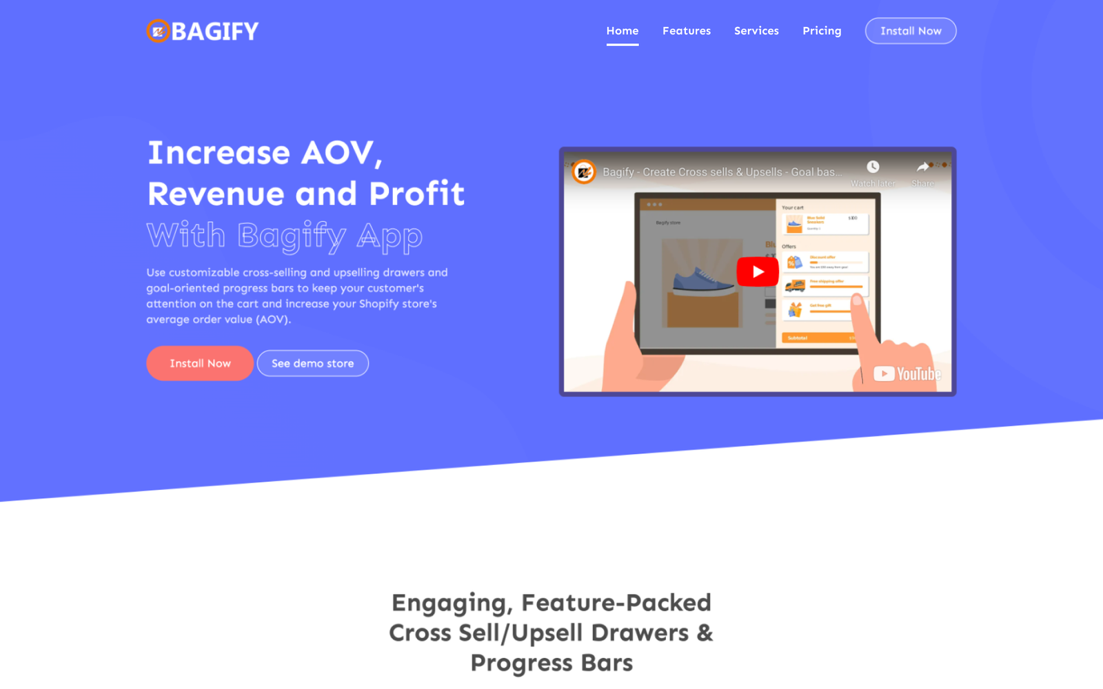 Bagify home page hero with the periwinkle gradient background, the Bagify logo, top navigation, the 'Increase AOV, Revenue and Profit With Bagify App' headline, Install Now and See demo store buttons, and an embedded product walkthrough video.