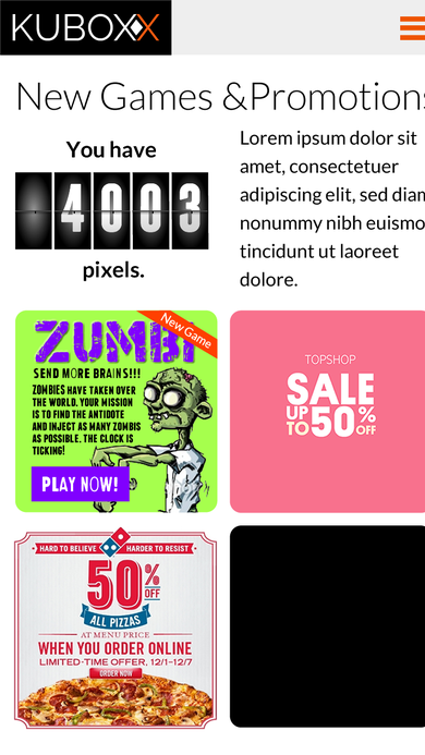 New Games & Promotions feed with the animated Cubes flip-counter and a carousel of sponsor promotions.