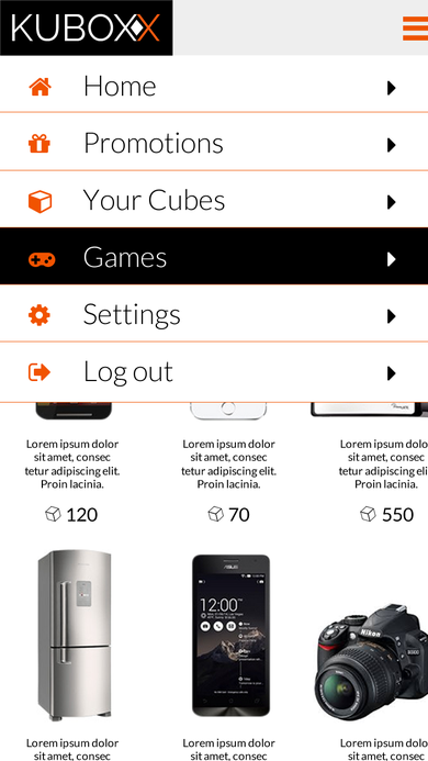 Slide-out navigation menu with Home, Promotions, Your Cubes, Games, Settings, and Log out.