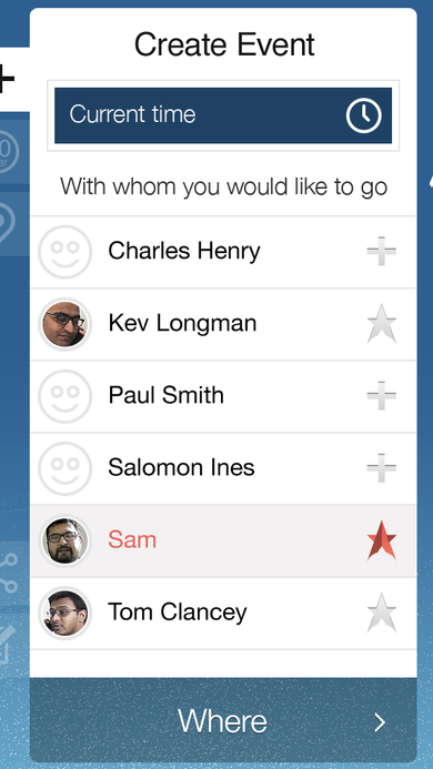 Create Event attendee picker listing contacts with star icons to mark favorites.