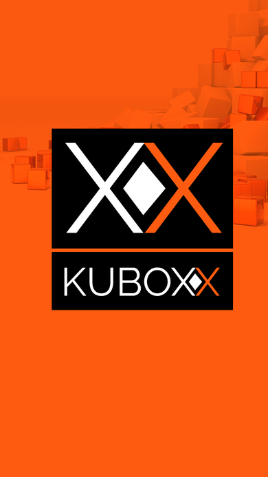 Kuboxx splash screen with the orange jewel-tone brand background and the X-diamond-X logo mark.