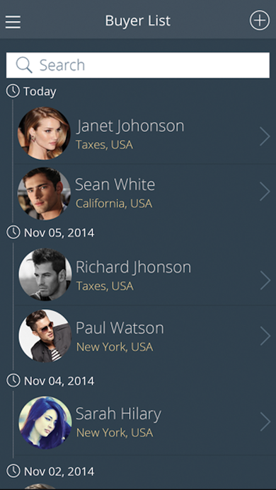 Buyer List screen with search bar and date-grouped list of buyer names and locations.
