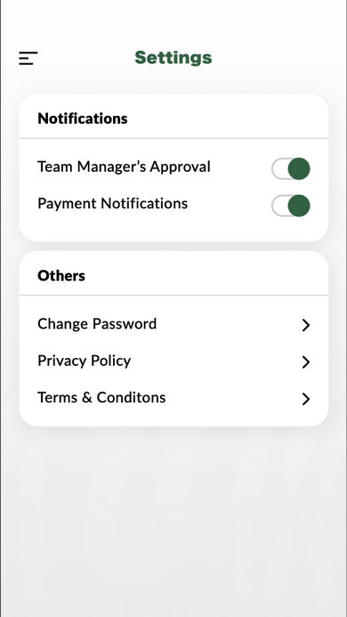 Settings screen with notification toggles for Team Manager's Approval and Payment Notifications, plus account options.