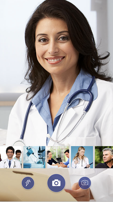 In-app camera capture screen showing a live photo preview of a physician with example framing thumbnails and capture controls.