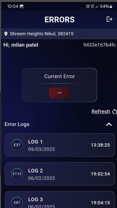 Errors screen with the current error indicator and a timestamped log of past fault codes.