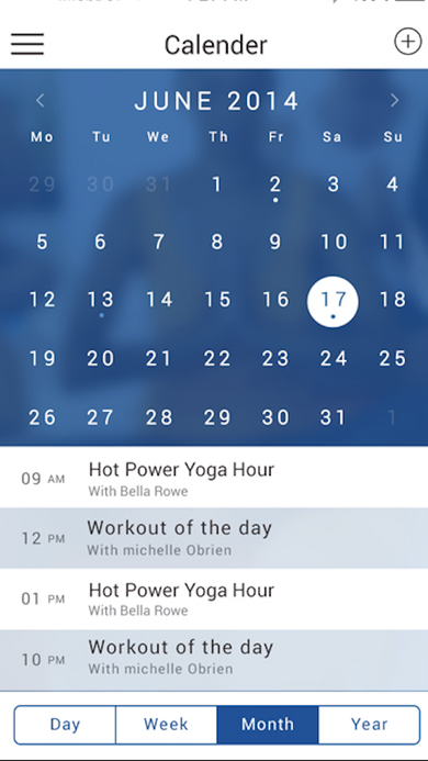 Calendar screen showing June 2014 in month view with a list of scheduled classes below, including Hot Power Yoga Hour.