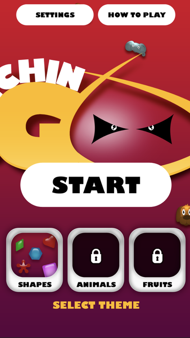 MatchinGo home menu with the angry-eyed mascot logo, Start button, and Shapes/Animals/Fruits theme selector.