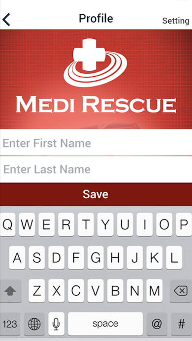 Profile screen with First Name and Last Name fields and a Save button.