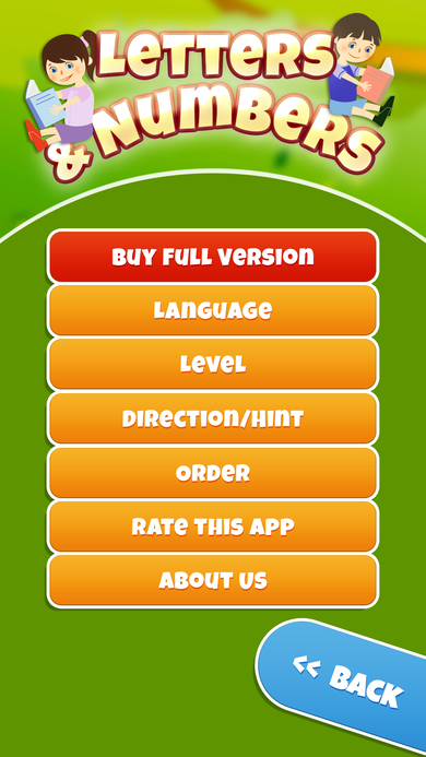 Settings menu listing Buy Full Version, Language, Level, Direction/Hint, Order, Rate This App, and About Us.