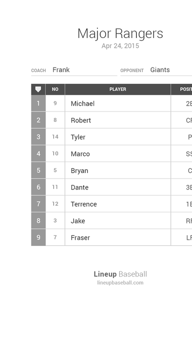 Printed Lineup Card document showing coach, opponent, and starting batting order and positions.