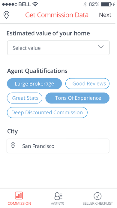 Get Commission Data form with estimated home value, agent qualification tags, and city fields, and the Commission/Agents/Seller Checklist tab bar.