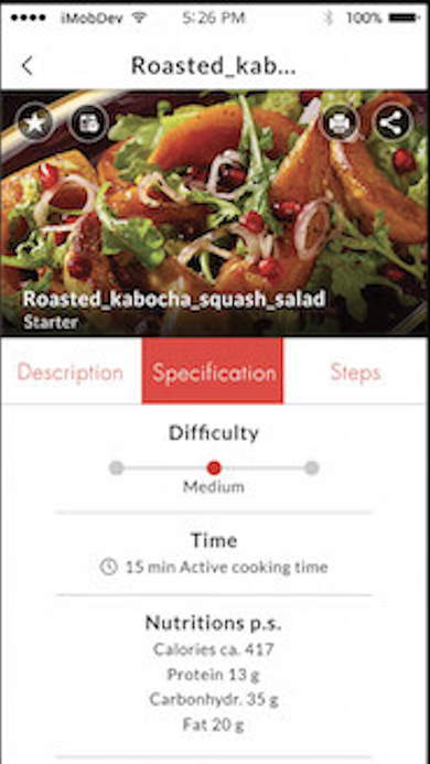 Recipe detail Specification tab showing difficulty meter, cook time, nutrition facts, and ingredient list.