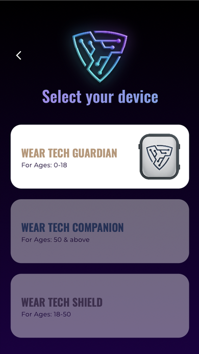 Device selection screen listing WearTech Guardian, Companion, and Shield wearable tiers by age group.