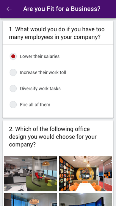 Business-skills quiz screen with multiple choice questions and an image-selection question.
