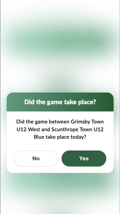 Confirmation dialog asking Did the game take place? with No and Yes buttons.