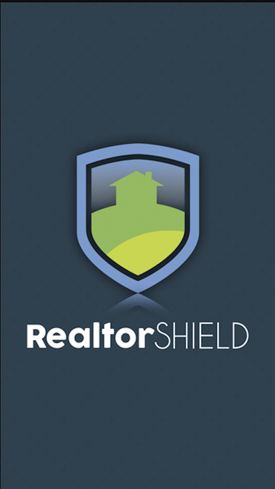 RealtorShield splash screen with the shield-and-house logo mark on a slate blue background.