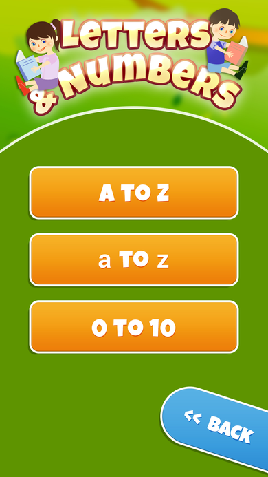 Level selection menu with A to Z, a to z, and 0 to 10 buttons over a green hillside background.