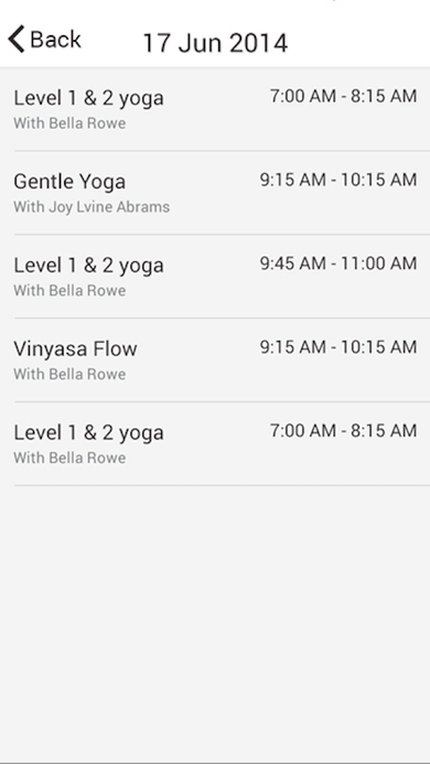 Class schedule for June 17, 2014 listing Level 1 & 2 Yoga, Gentle Yoga, and Vinyasa Flow with instructor names and times.