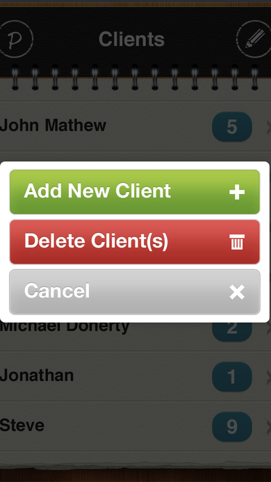 Confirmation action sheet for adding a new client or deleting selected clients from the list.