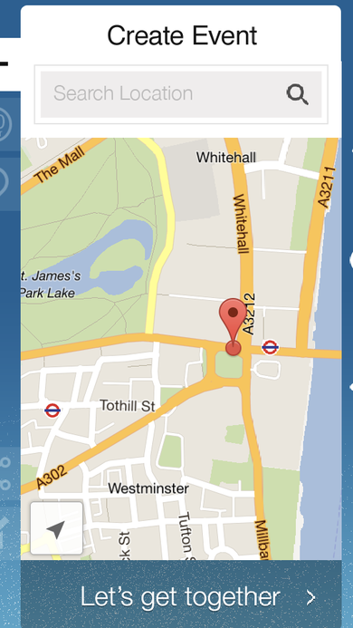 Create Event location picker with a search bar and an embedded map showing a pinned meeting spot.