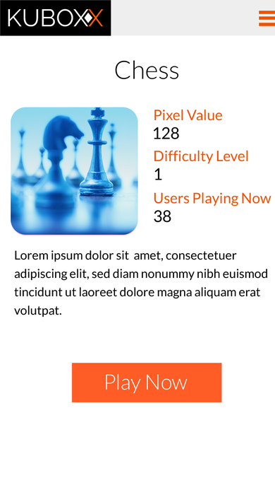 Chess game detail screen showing pixel value, difficulty level, live player count, and a Play Now button.