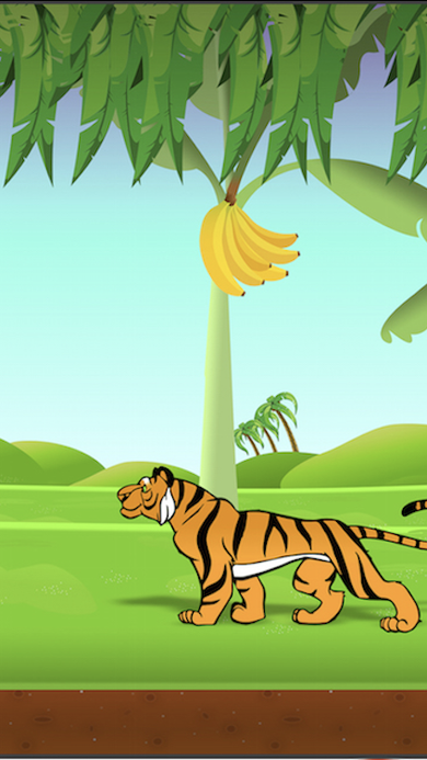 Jungle gameplay screen showing the monkey encountering a tiger beneath banana trees, with a banana counter at top right.