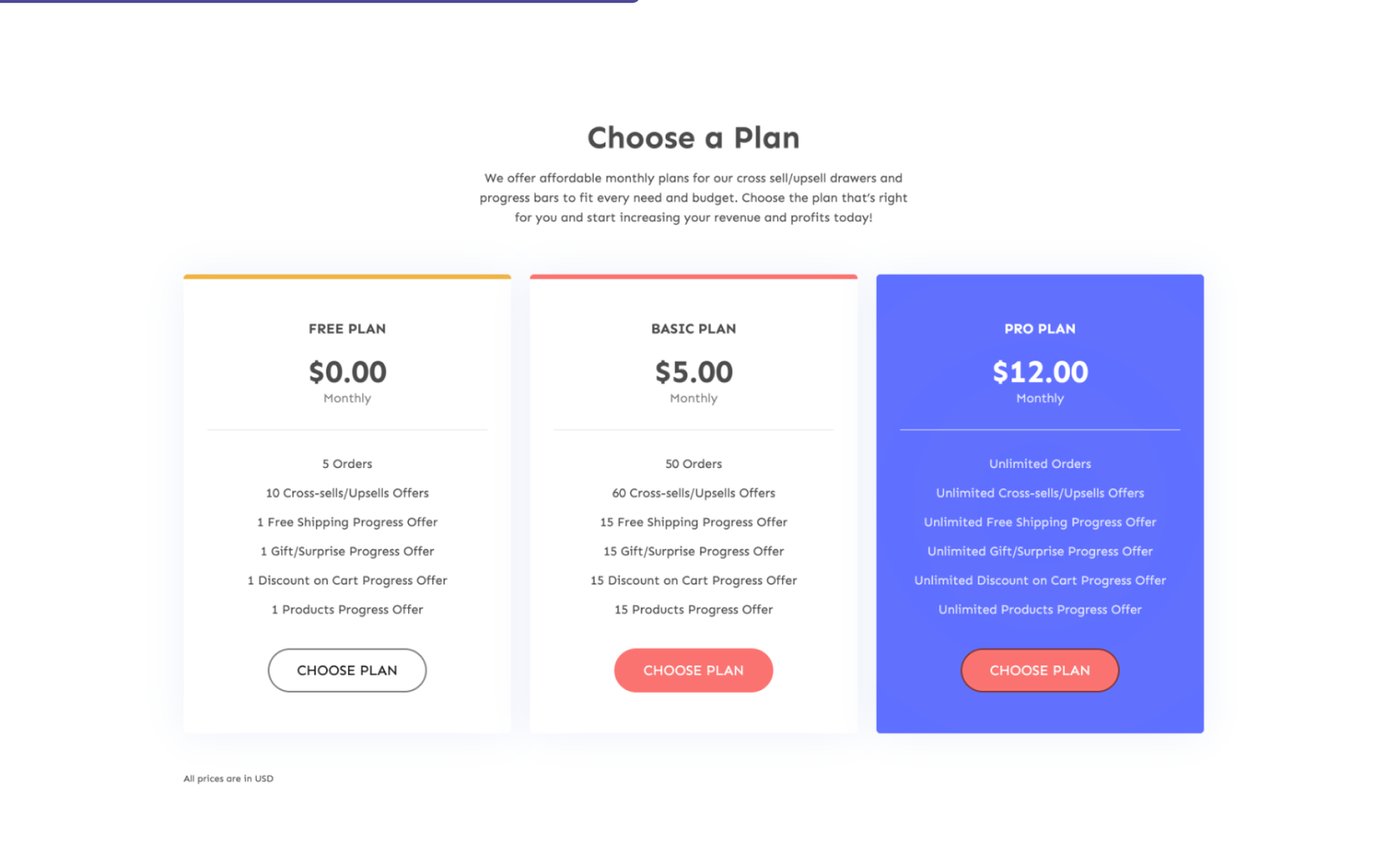 Choose a Plan pricing section showing Free ($0), Basic ($5), and Pro ($12) monthly plans side by side with feature lists and Choose Plan buttons.