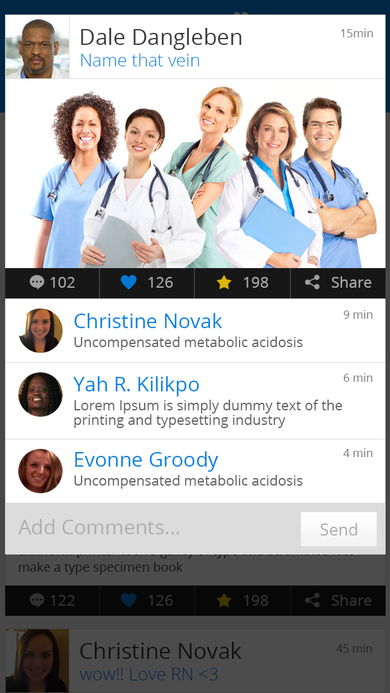 Post detail screen with comment thread, like/favorite/share counts, and an add-comment field.