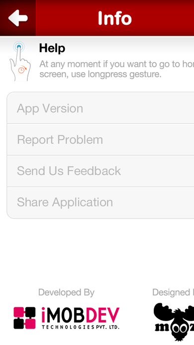 Info screen with a Help tip, app version, report and feedback options, and developer credit.
