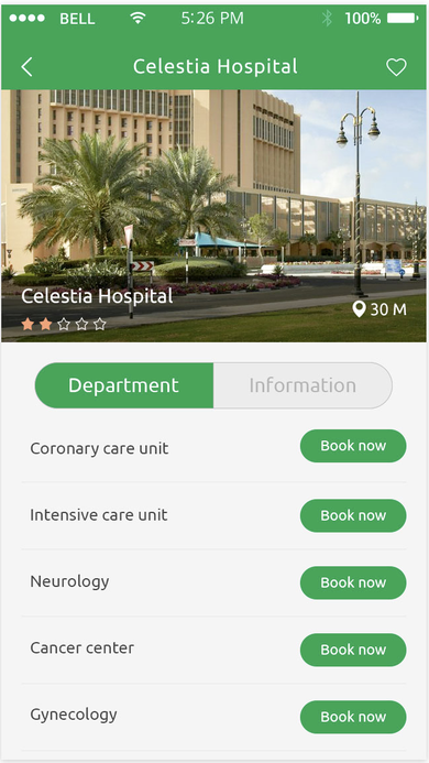 Celestia Hospital profile screen with hero photo, star rating, and a Department tab listing bookable units like Coronary Care and Neurology with Book Now buttons.