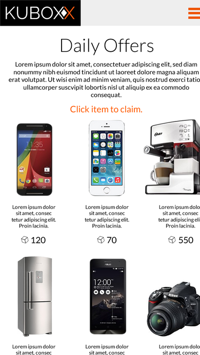 Daily Offers home screen showing a grid of redeemable prizes with their Cube price beneath each item.