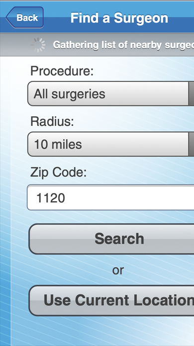 Find a Surgeon search form with procedure type, radius, and zip code fields plus a Use Current Location option.