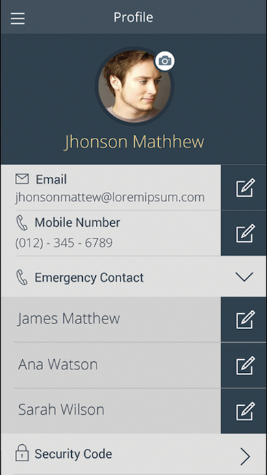 Profile screen showing agent photo, email, mobile number, expandable emergency contacts, security code, and check-in time.