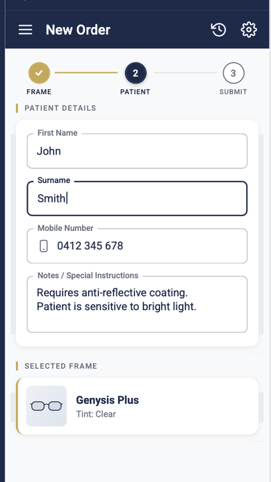 New Order Patient step with fields for first name, surname, mobile number, and special instructions, plus the selected frame summary.