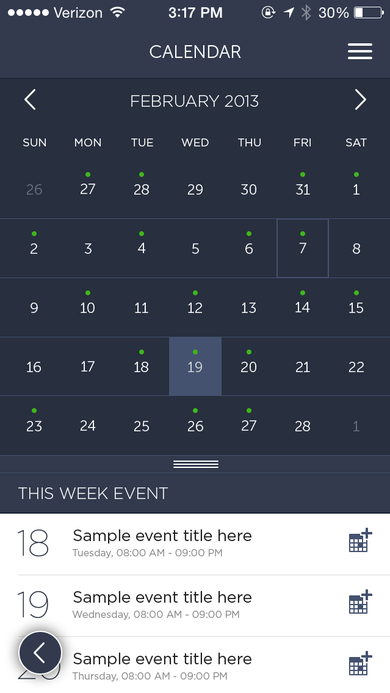 Calendar screen for February 2013 with event indicator dots and a This Week Event agenda list below.